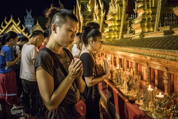 Pilgrims Pray at Wat Phra Doi Suthep for Visakha Puja. Photo generative AI