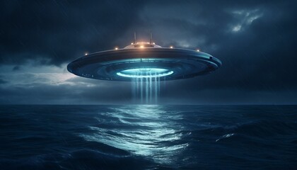 image of an illuminated UFO spaceship hovering over a stormy ocean. Generative ai