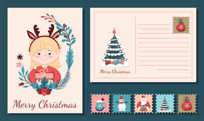 Christmas card design. On the front side is a girl with deer ears, on the back is a Christmas tree and lines for writing. Holiday stamps. Illustration for vector editing