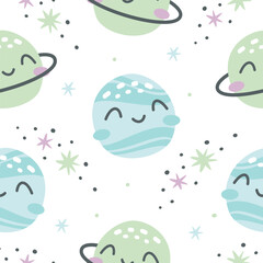 Children's vector space pattern. Smiling planets Saturn and Venus, stars. Pattern on white background for children's products 