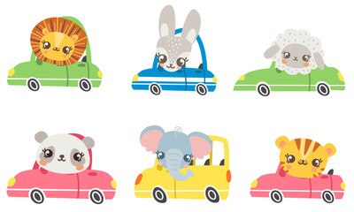 Set of children's vector illustrations. Different animals driving cars. Lion, sheep, tiger, elephant, hare, panda. Cars of different colors 