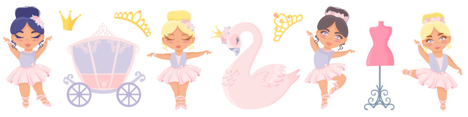 Vector set of children's illustrations. Beautiful delicate princess ballerinas, queen swan, carriage, mannequin, crowns. Children's set on white background 