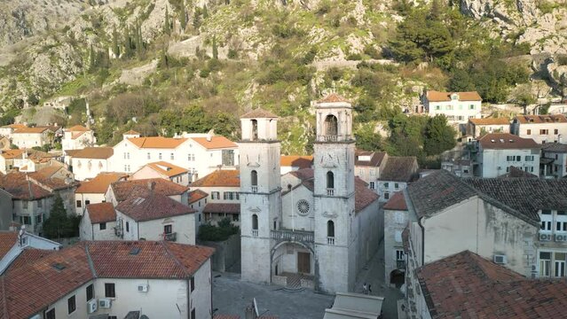 Drone dolley tilt shot of the St Tryphon Cathedral in Kotor
