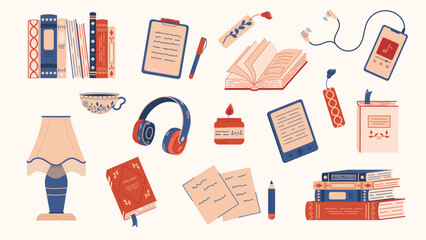 Set of colorful books, book stacks, candle, eBook, bookmark and cup of hot coffee. Vector hand drawn books with funny stuff.