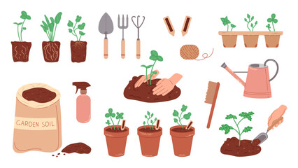 Set of objects for growing plants. Flat illustration of seedlings in pots, soil for planting. Planting a garden by human hands, home gardener.