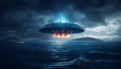 Obraz na płótnie Canvas image of an illuminated UFO spaceship hovering over a stormy ocean. Generative ai