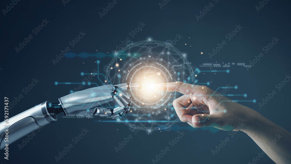 Fototapete ai technology concept, machine learning, robot hand touching human hand. to connect with global data