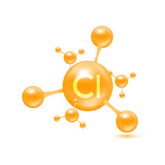 Chlorine mineral in the form of atoms molecules yellow glossy. Chlorine icon 3D isolated on white background. Minerals vitamins complex. Medical and science concept. Vector EPS10 illustration.