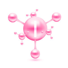 Minerals Iodine in the form of atoms molecules pink glossy. Icon 3D isolated on white background. Minerals vitamins complex. Medical and science concept. Vector EPS10 illustration.