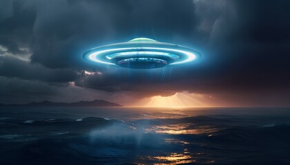 Naklejka na ściany i meble image of an illuminated UFO spaceship hovering over a stormy ocean. Generative ai