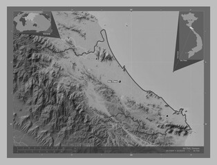 Ha Tinh, Vietnam. Grayscale. Labelled points of cities