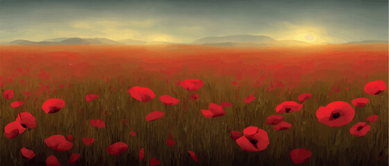 Fototapeta na wymiar Banner beautiful rural scenery poppy field. Landscape painting with nature farmland, spring red flowers, vector illustration for print, etc.