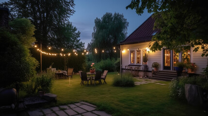 Fototapeta na wymiar calm patio of beautiful suburban house with lights in the garden 4. summer evening concept