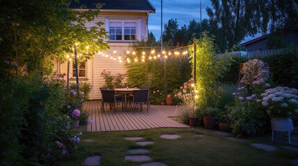  calm patio of beautiful suburban house with lights in the garden. summer evening concept