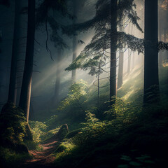 A misty forest stands silent and still