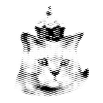 Cat with crown collage. Design element in trendy dotted pop art style. Retro halftone effect. Vector illustration with vintage grunge punk cutout shape.