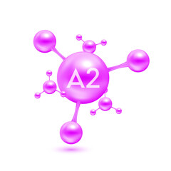 Vitamin A2 in the form of atoms molecules purple glossy. Icon 3D isolated on white background. Minerals vitamins complex. Medical and science concept. Vector EPS10 illustration.