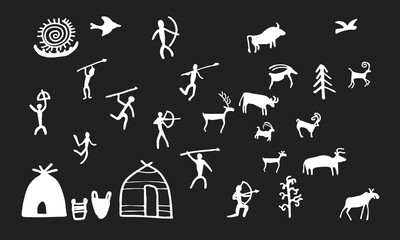 Cave painting prehistoric rock art hand drawn sketch style vector illustration set. Rock age cave paintings set with prehistoric wild animals, tribal people and village buildings.