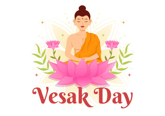 Vesak Day Celebration Vector Illustration with Temple Silhouette, Lotus Flower, Lantern or Buddha Person in Flat Cartoon Hand Drawn Templates
