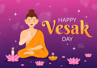 Fototapeta na wymiar Vesak Day Celebration Vector Illustration with Temple Silhouette, Lotus Flower, Lantern or Buddha Person in Flat Cartoon Hand Drawn Templates