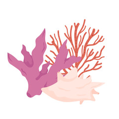 Naklejka premium Sea corals branch and seashell. Underwater plants and mollusk. Tropical under water flora and fauna. Flat vector illustration isolated on white background