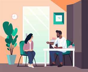 Doctor talks with patient in medical room in medic clinic. Medicine healthcare scene flat concept. Professional therapist consulting  person about health question. Hospital office indoor interior - 592174697