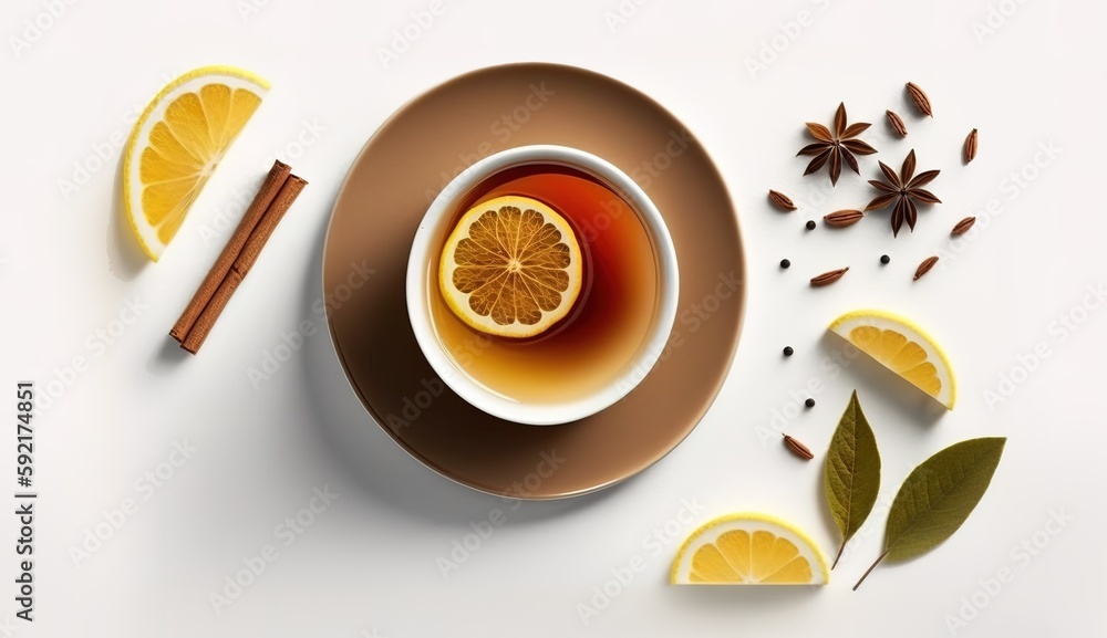 Poster top view cup of tea with lemon and cinnamon on a white space generative ai
