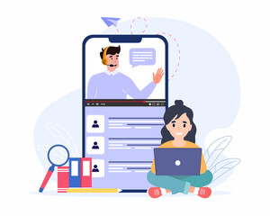 Student Sitting and Looking at Laptop and Studying with Smartphone, Student Learning Online at Home.