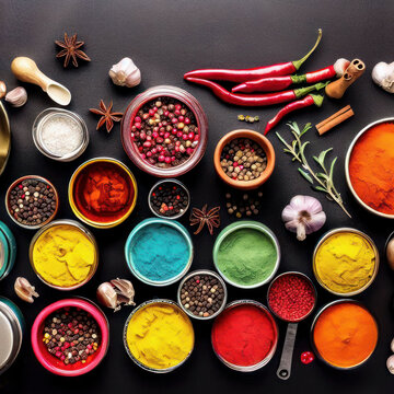 Colorful spices and condiments, food photography, generative AI