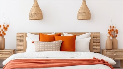 white bed in natural bedroom interior 3 with brown and orange pillows 
