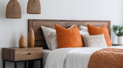 white bed in natural bedroom interior 2 with brown and orange pillows 