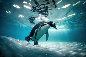 Obraz premium A penguin swims alone under water, generative AI.