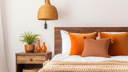 white bed in natural bedroom interior with brown and orange pillows 