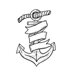 Anchor with banner vintage black color outline sketch style vector art illustration.