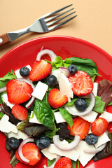 Concept of tasty food, salad with strawberry, top view