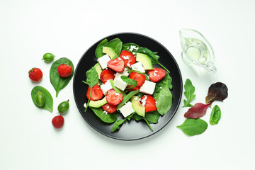 Concept of tasty food, salad with strawberry, top view