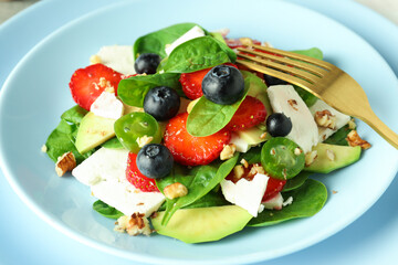 Concept of tasty food, salad with strawberry