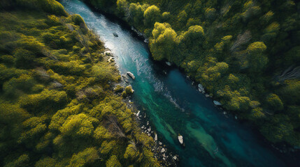 An awe-inspiring aerial view of a winding river flowing through a verdant valley, capturing the essence of tranquility
