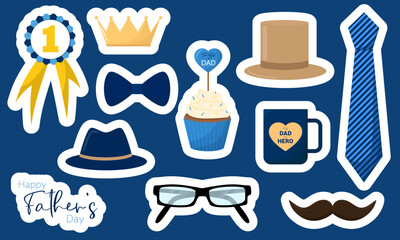 Set of stickers for Happy Fathers Day. Clip art for father day. Hat, mustache, crown, cupcake, cup, tie.