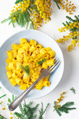 Mimosa pasta with cream and saffron, traditional pasta of spring and March 8. Italian unusual pasta recipes