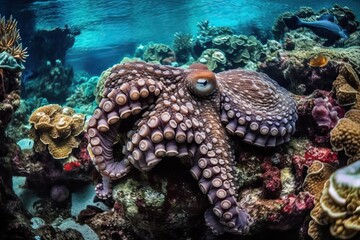 A large octopus at the bottom of the sea between coral reefs, generative AI.