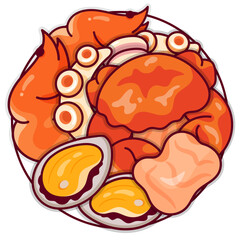 Thai spicy mixed seafood recipe illustration vector. Asian yum talay thai seafood salad icon top view. Thai seafood with shrimp mussel fish and squid top view cartoon. Thai seafood menu icon top view.