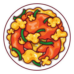 Thai stir fried crab meat with curry powder illustration vector. Indian crab curry with  coconut milk food icon top view. Asian crab curry with egg top view cartoon. Malaysian style crab curry menu.