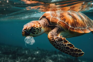 Fototapeta premium A sea turtle underwater eats a jellyfish, generative AI.