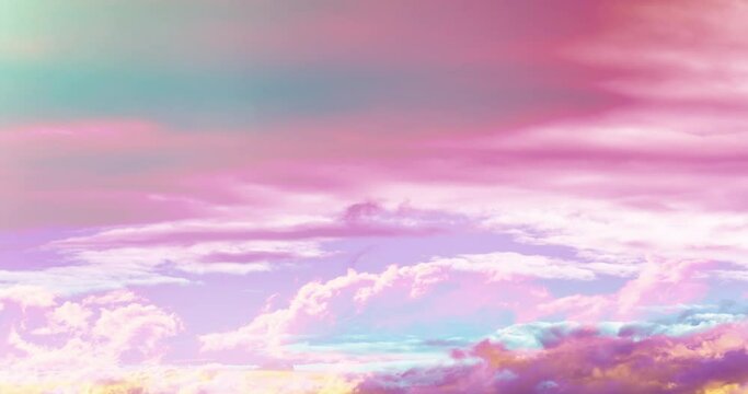 Vanilla-strawberry watercolor sky with fast-moving cotton candy clouds. Delicate pastel colors of the rainbow cloudscape. 4K time lapse. Trendy design of ice-cream unicorn theme.
