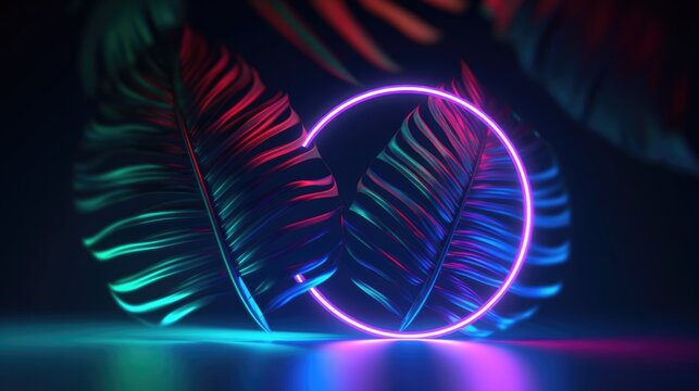 Purple, Circular Neon light with Tropical Leaves. Generative AI.