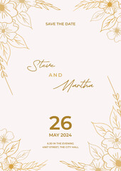 Minimalist wedding invitation template with gold hand drawn leaves and flowers decoration