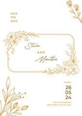 Obraz na płótnie Canvas Minimalist wedding invitation template with gold hand drawn leaves and flowers decoration