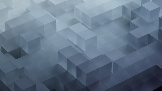 Neatly Aligned Translucent Cubes. Grey, Innovative Tech Background. 3D Render.