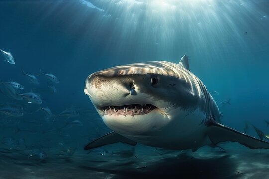 A close-up of a shark swims among small fish, generative AI.